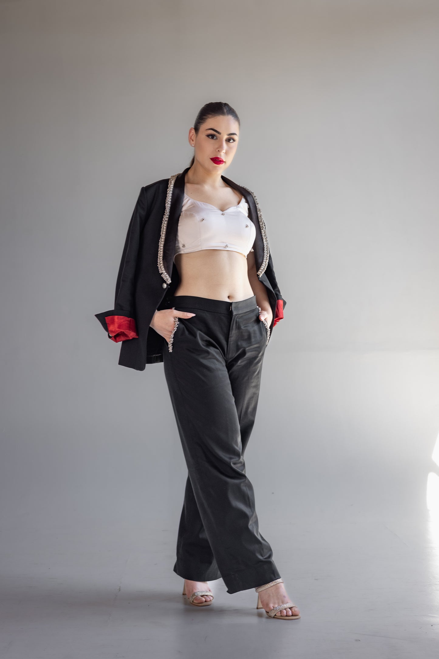 Nila Wide-leg Latte Pants Black Red in luxury trousers) Chaa – (Designer and